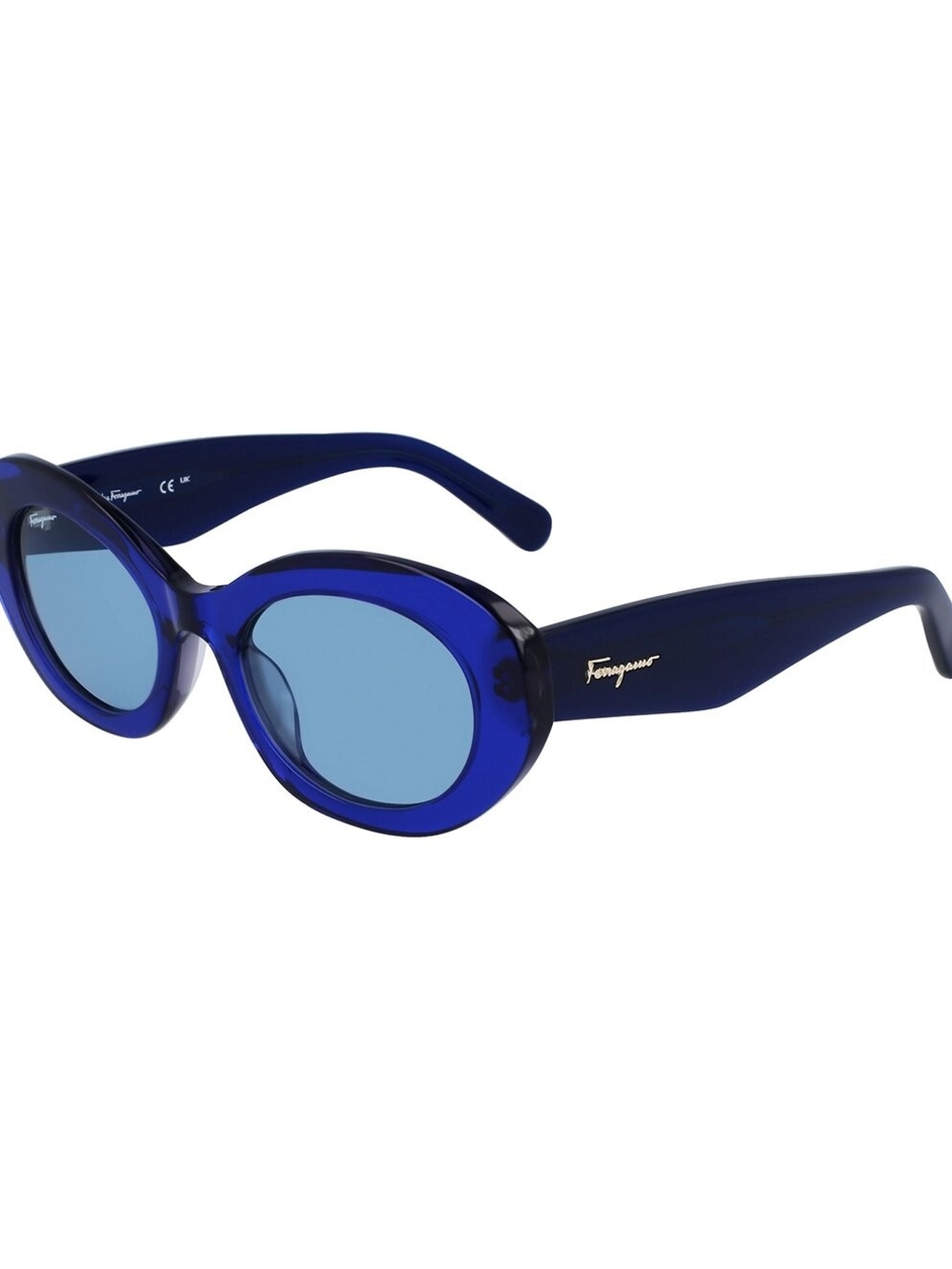 Salvatore Ferragamo Cobalt Blue Oval Sunglasses with Light Blue Lenses